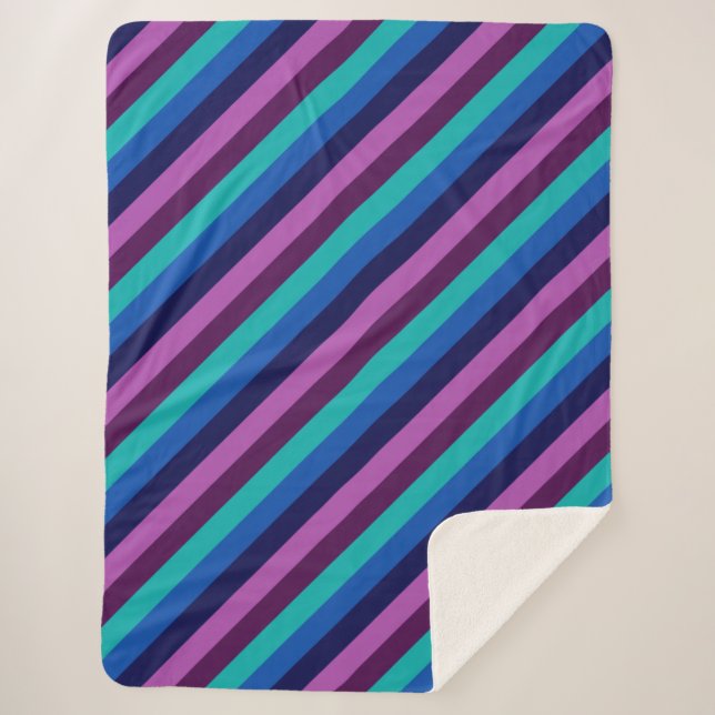 Blue Purple Teal Stripes Large Sherpa Blanket (Front)