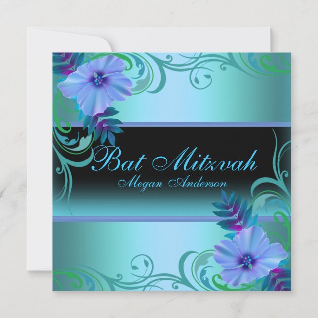 Blue & Purple Vibrant Flower Bat Mitzvah Invite (Front)