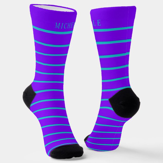 Blue Purple Violet Striped For Custom Name  Socks (Angled)