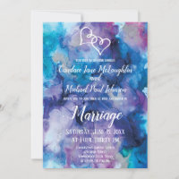 Blue Purple Watercolor Double Hearts Wedding Invit
