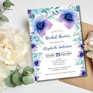 Blue Purple Watercolor Florals Bridal Shower Invitation