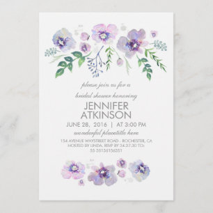Blue Purple Watercolor Flowers Bridal Shower Invitation