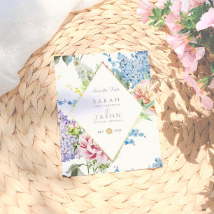 Blue & Purple Watercolor Flowers   Save The Date Announcement Postcard