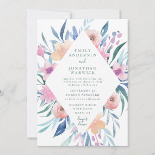 Blue Purple Watercolor Flowers Wedding Invitation