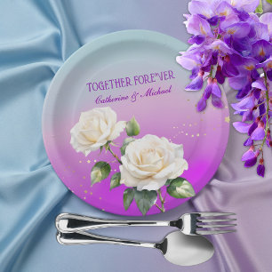 Blue Purple Watercolor Ombre Roses Spring Wedding Paper Plate