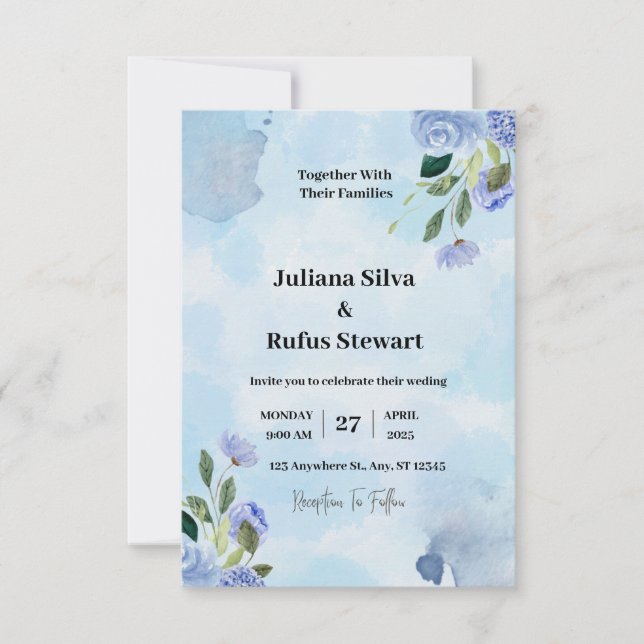 Blue Purple  Watercolor Simple Minimalist Wedding  (Front)