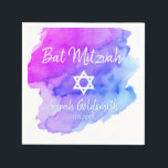 Blue Purple Watercolor Star of David Bat Mitzvah Napkin<br><div class="desc">Perfect modern cocktail disposable paper napkins in blue turquoise purple watercolor design with white Star of David.  Bat Mitzvah easy to personalise by adding name and option date.  Perfect for girl Jewish religious ceremony</div>
