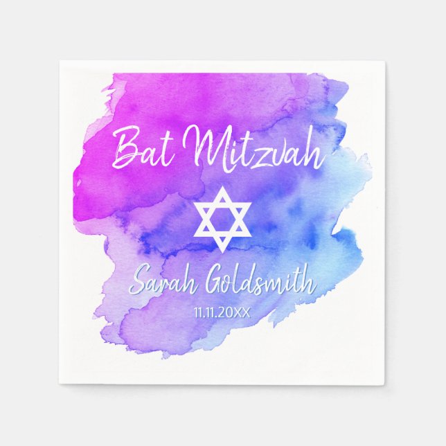 Blue Purple Watercolor Star of David Bat Mitzvah Napkin (Front)