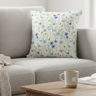 Blue Purple Watercolor Wildflower Cushion