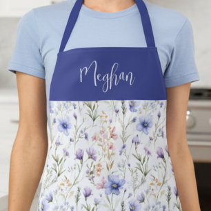 Blue Purple Watercolor Wildflower Custom Name Apron