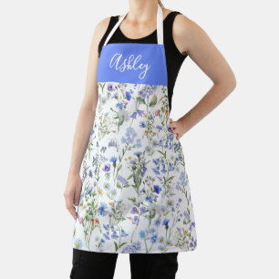 Blue Purple Watercolor Wildflower Custom Name Apron