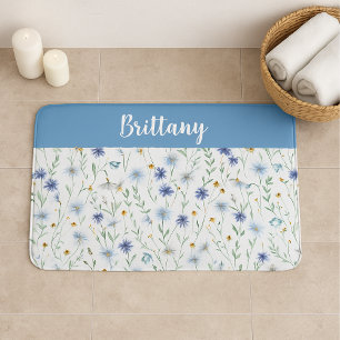 Blue Purple Watercolor Wildflower Monogram Bath Mat