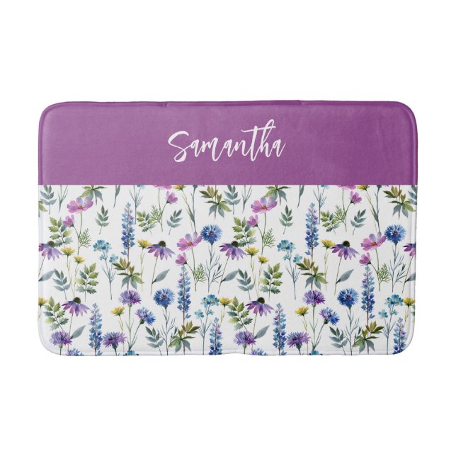 Blue Purple Watercolor Wildflower Monogram Bath Mat (Front)