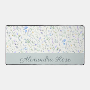 Blue Purple Watercolor Wildflower Monogram Name Desk Mat