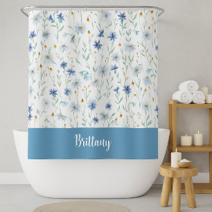 Blue Purple Watercolor Wildflower Monogram Shower Curtain