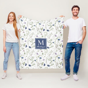 Blue Purple Watercolor Wildflower Name Fleece Blanket