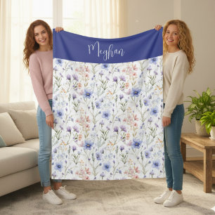 Blue Purple Watercolor Wildflower Name Fleece Blanket