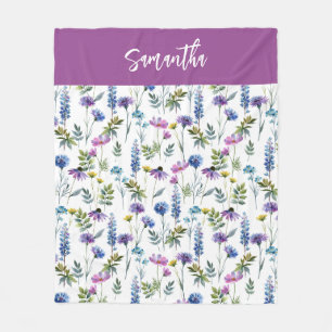 Blue Purple Watercolor Wildflower Name Fleece Blanket