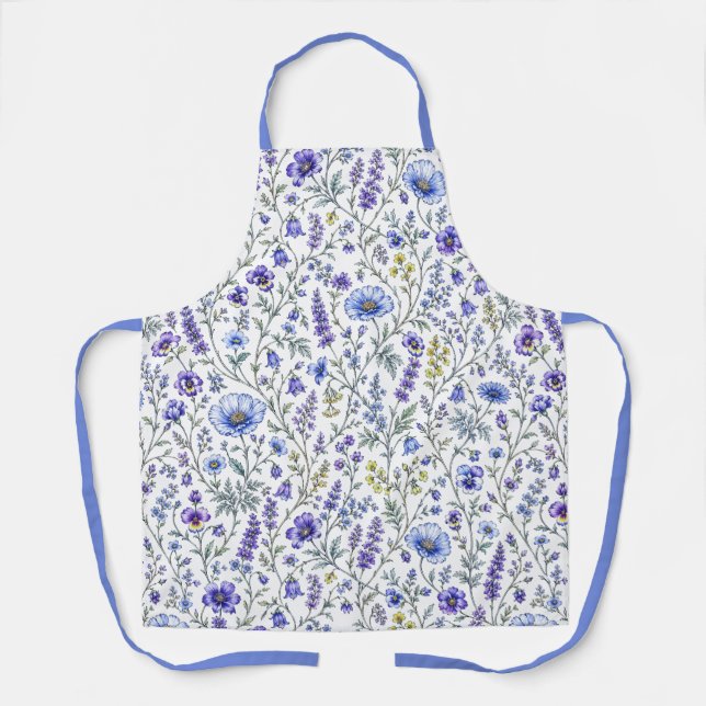 Blue Purple Watercolor Wildflower Pattern Apron (Front)