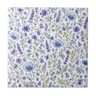 Blue Purple Watercolor Wildflower Pattern Ceramic Tile