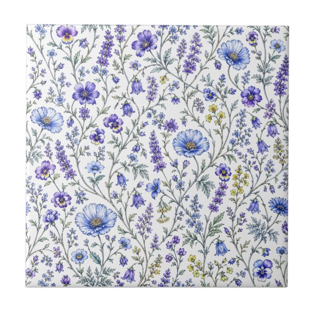 Blue Purple Watercolor Wildflower Pattern Ceramic Tile (Front)