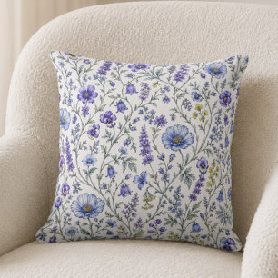 Blue Purple Watercolor Wildflower Pattern Cushion