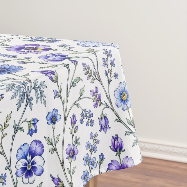 Blue Purple Watercolor Wildflower Pattern Tablecloth (In Situ)