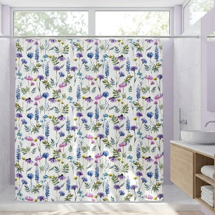 Blue Purple Watercolor Wildflower Shower Curtain