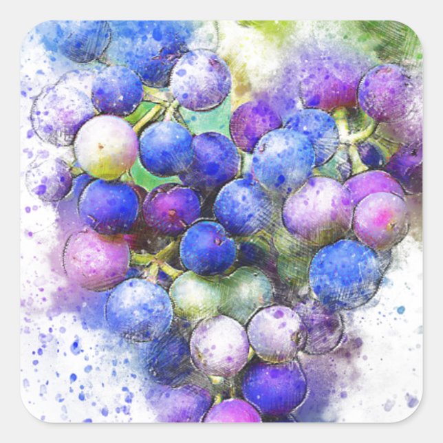 Blue Purple Watercolour Grapes Fruit Abstract Square Sticker (Front)