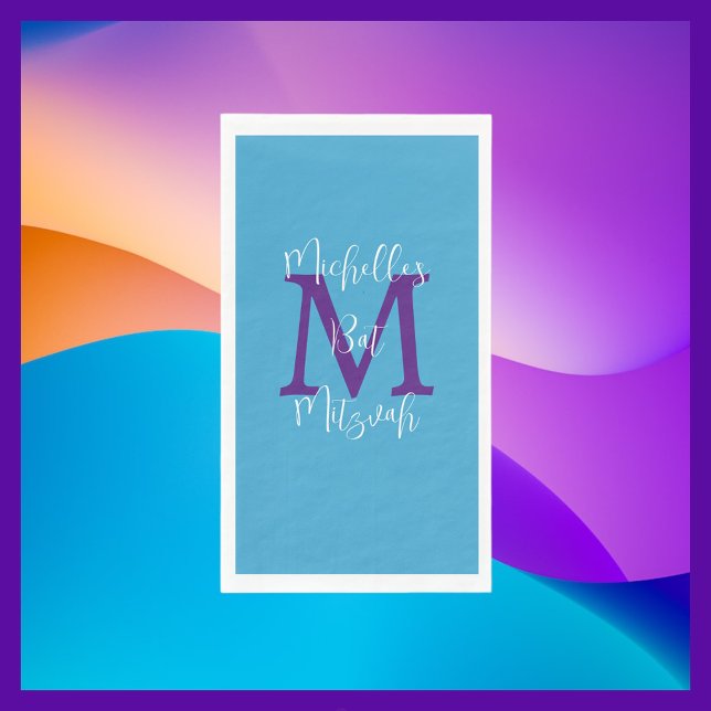 Blue Purple White Bat Mitzvah Name Monogram  Napkin (Creator Uploaded)