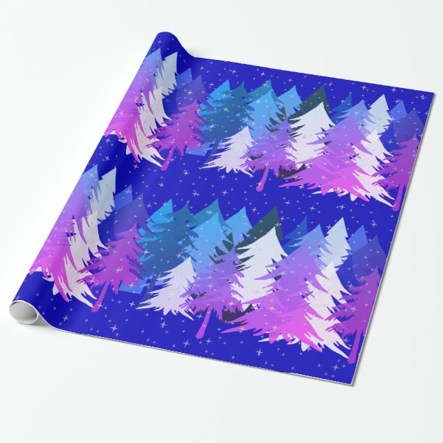 Blue Purple White Christmas Trees Stars Snow Blue Wrapping Paper (Unrolled)