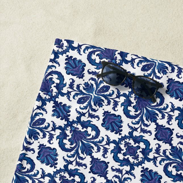 Blue, Purple & White Damask Pattern Beach Towel (In Situ)