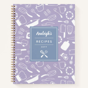 Blue Purple White Hand Drawn Kitchenware Recipes Notebook