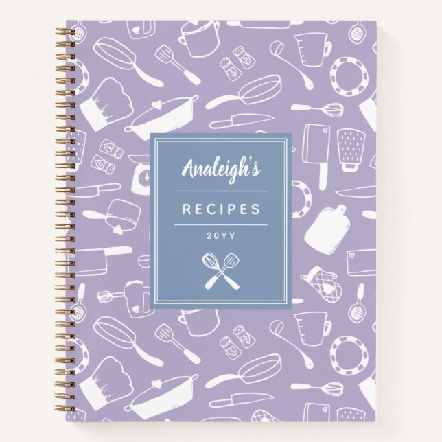 Blue Purple White Hand Drawn Kitchenware Recipes Notebook (Front)