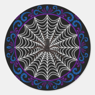 Blue Purple White Spider Web And Black Spider Classic Round Sticker