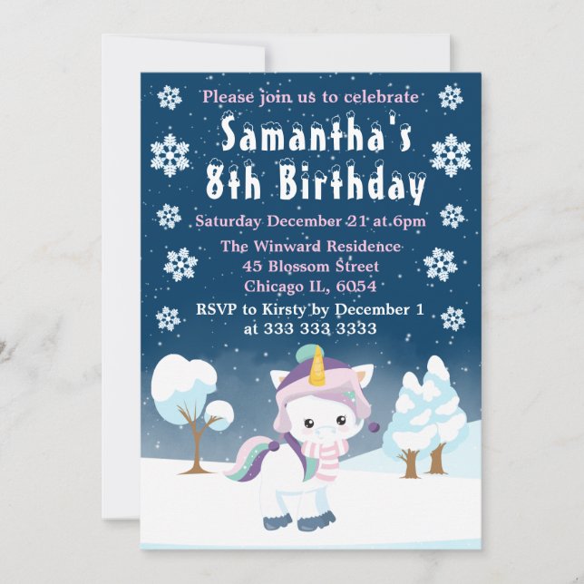 Blue Purple & White Winter Unicorn Birthday Party Invitation (Front)