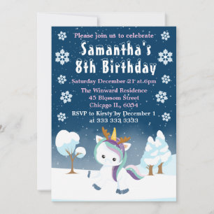 Blue Purple & White Winter Unicorn Birthday Party Invitation