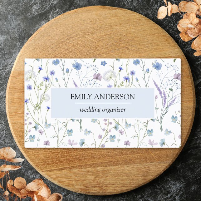Blue Purple Wildflower Floral Pattern Business Calling Card (In situ)