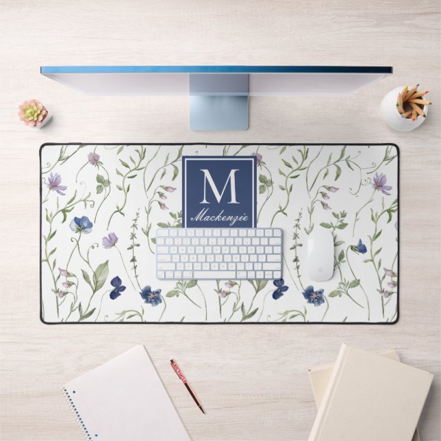 Blue Purple Wildflower Monogram Name Desk Mat (Office 1)