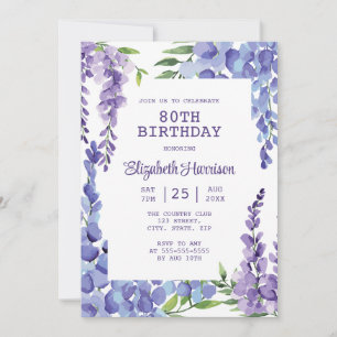 Blue Purple Wisteria Floral 80th Birthday Invitation