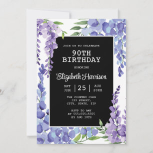 Blue Purple Wisteria Floral 90th Birthday  Invitation