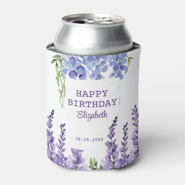 Blue Purple Wisteria Floral Greenery Birthday Can Cooler (Can Front)