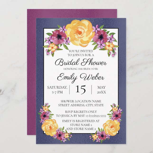 Blue Purple Yellow Floral Bridal Shower Invite (Front/Back)