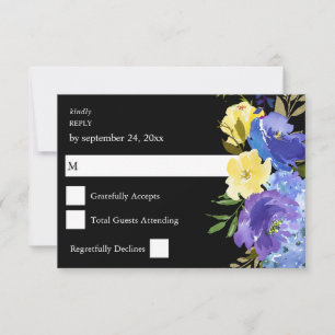 Blue Purple & Yellow Floral RSVP Card - Black