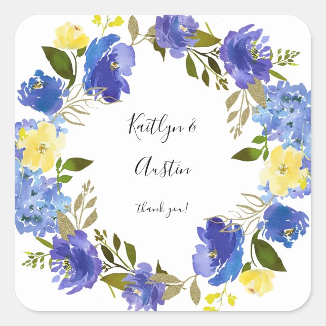 Blue Purple & Yellow Floral Square Sticker (Front)