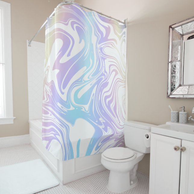 Blue Purple Yellow Gradient and White Swirls Retro Shower Curtain (In Situ)