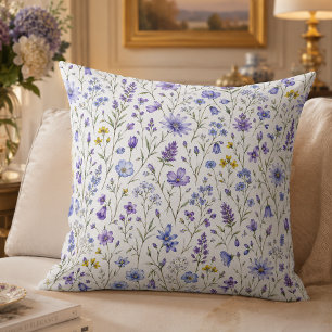 Blue Purple Yellow Watercolor Wildflower Pattern Cushion