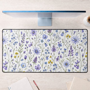 Blue Purple Yellow Watercolor Wildflower Pattern Desk Mat