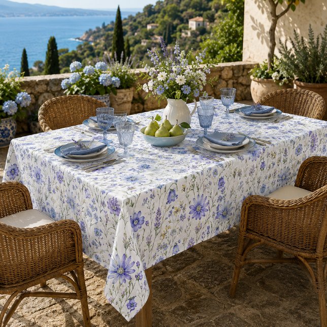 Blue Purple Yellow Watercolor Wildflower Pattern Tablecloth (Creator Uploaded)