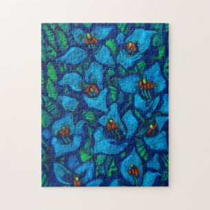 Blue Puya Exotic Flowers Abstract Floral Painting Jigsaw Puzzle